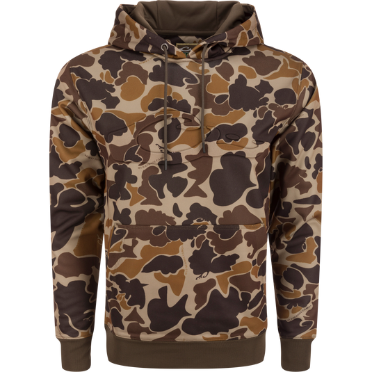 A durable Back Eddy Embossed Logo Hoodie by Purewhitelaneshop, featuring a raised logo, DWR coating, kangaroo pocket, and adjustable hood. Ideal for hunting and outdoor activities.