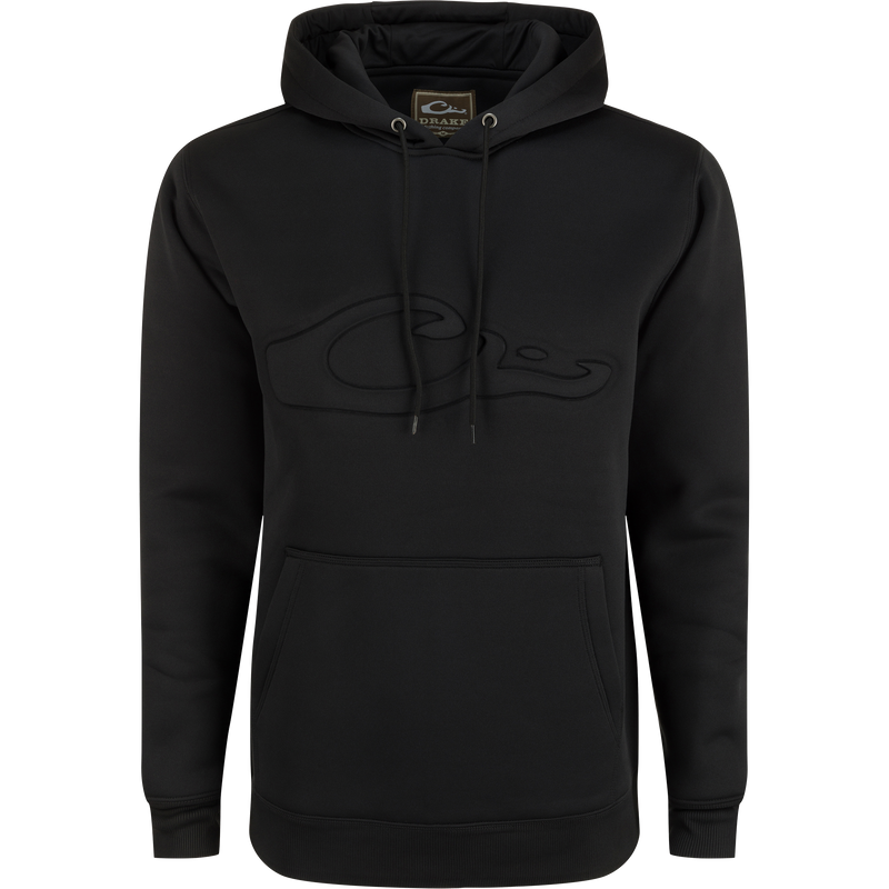 Back Eddy Embossed Hoodie with raised logo, lined hood with drawstrings, kangaroo pocket, and DWR finish, ideal for layering in hunting conditions.
