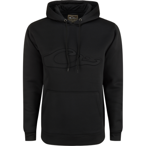Back Eddy Embossed Hoodie with raised logo, lined hood with drawstrings, kangaroo pocket, and DWR finish, ideal for layering in hunting conditions.