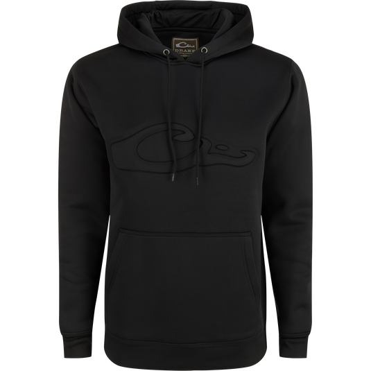 Back Eddy Embossed Hoodie with raised logo, lined hood with drawstrings, kangaroo pocket, and DWR finish, ideal for layering in hunting conditions.