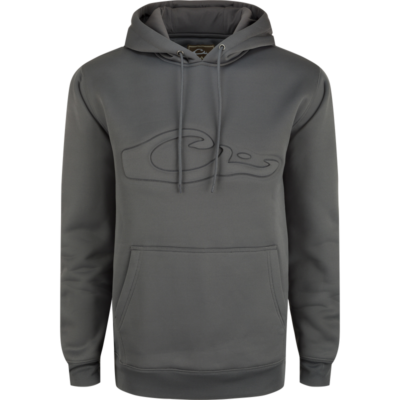 Back Eddy Embossed Hoodie with raised logo, kangaroo pocket, and lined hood; features water-resistant finish and stretch polyester for shape retention and comfort.