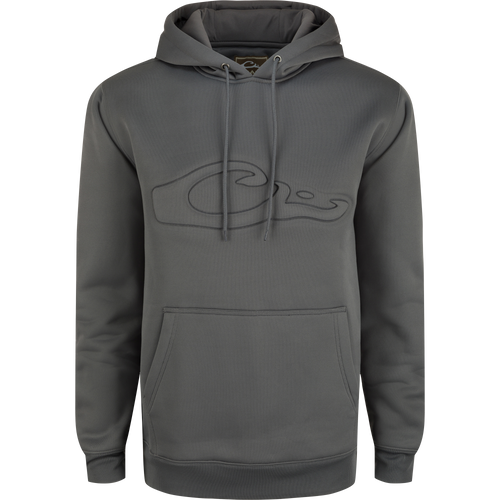 Back Eddy Embossed Hoodie with raised logo, kangaroo pocket, and lined hood; features water-resistant finish and stretch polyester for shape retention and comfort.