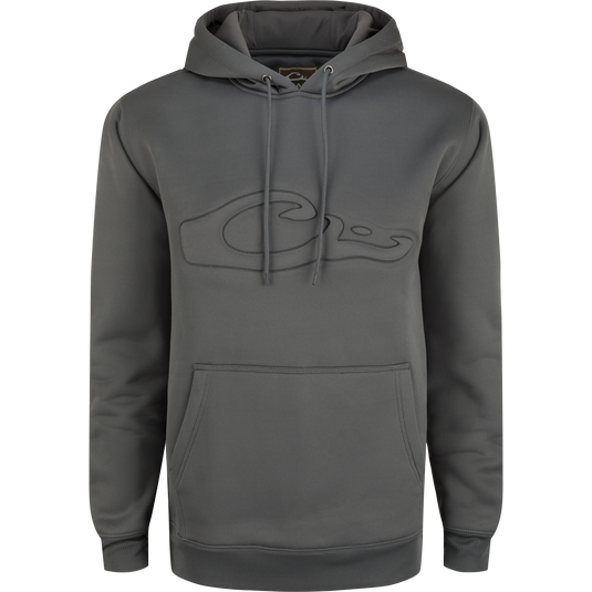 Back Eddy Embossed Hoodie with raised logo, kangaroo pocket, and lined hood; features water-resistant finish and stretch polyester for shape retention and comfort.