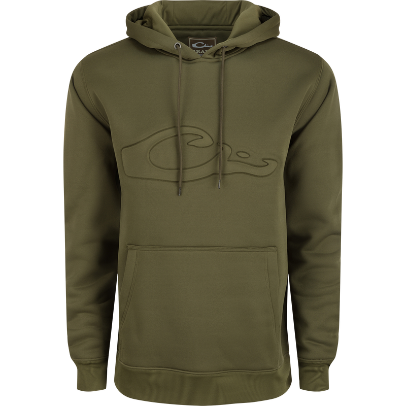 Back Eddy Embossed Hoodie with raised Drake logo, DWR finish, kangaroo pocket, adjustable hood; ideal for layering in chilly, wet weather.