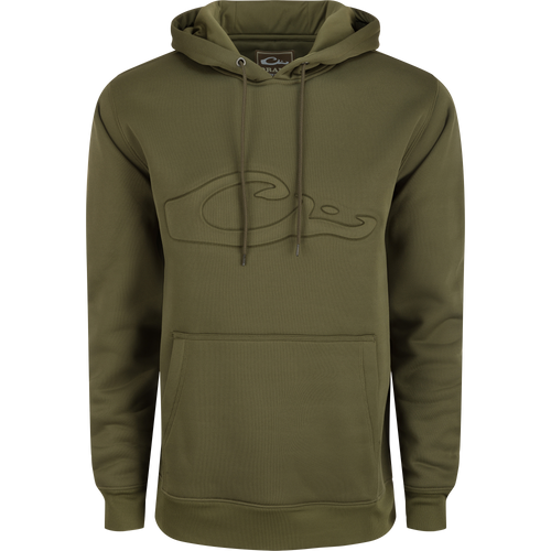 Back Eddy Embossed Hoodie with raised Drake logo, DWR finish, kangaroo pocket, adjustable hood; ideal for layering in chilly, wet weather.