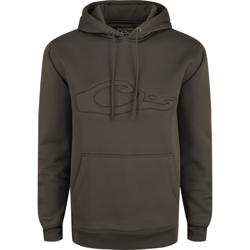 Back Eddy Embossed Hoodie with raised logo, kangaroo pocket, adjustable lined hood, and DWR finish, ideal for layering or standalone wear.