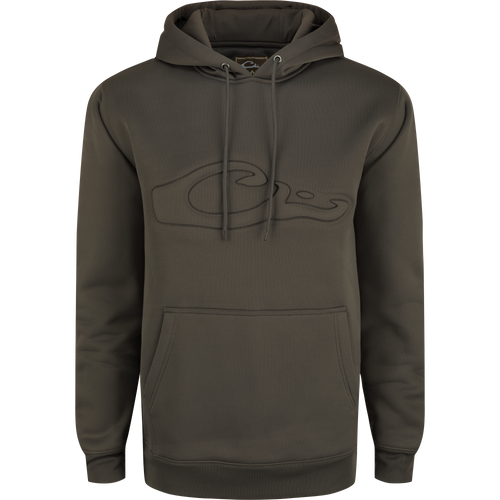 Back Eddy Embossed Hoodie with raised logo, kangaroo pocket, adjustable lined hood, and DWR finish, ideal for layering or standalone wear.