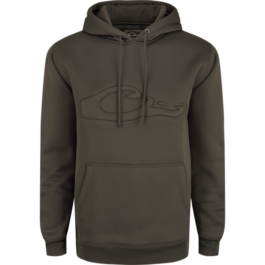 Back Eddy Embossed Hoodie with raised logo, kangaroo pocket, adjustable lined hood, and DWR finish, ideal for layering or standalone wear.