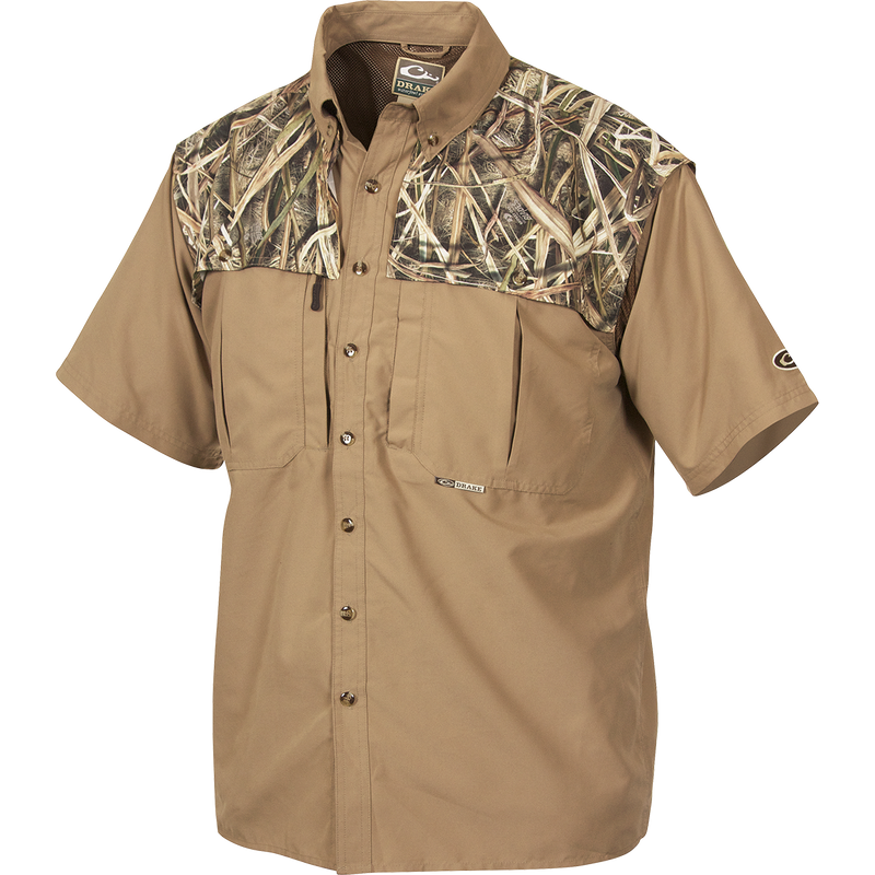EST Camo Wingshooter's Short Sleeve Shirt, featuring a camo design, button-down collar, multiple chest pockets, and mesh back for breathability.