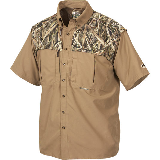 EST Camo Wingshooter's Short Sleeve Shirt, featuring a camo design, button-down collar, multiple chest pockets, and mesh back for breathability.