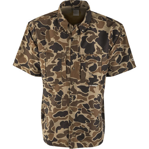 Camouflage Wingshooter's Short Sleeve Shirt with vents, mesh lining, and multiple pockets designed for breathability and functionality during hunting or shooting activities.