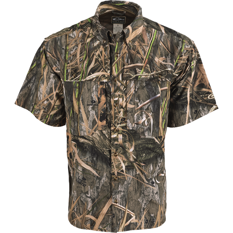 EST Camo Wingshooter's Short Sleeve Shirt, featuring vents, breathable mesh, and multiple pockets for functionality and comfort during hunting or outdoor activities.