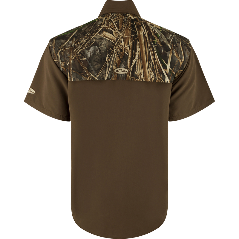 Back view of the EST Camo Wingshooter's Short Sleeve Shirt with vented mesh areas for breathability, ideal for hunting and outdoor activities.