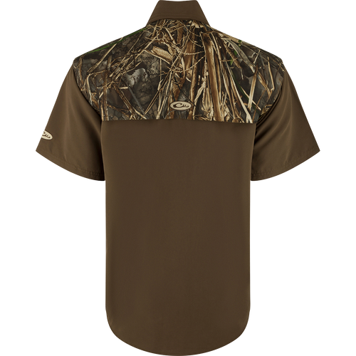 Back view of the EST Camo Wingshooter's Short Sleeve Shirt with vented mesh areas for breathability, ideal for hunting and outdoor activities.