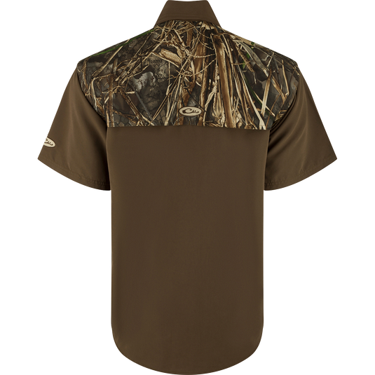 Back view of the EST Camo Wingshooter's Short Sleeve Shirt with vented mesh areas for breathability, ideal for hunting and outdoor activities.