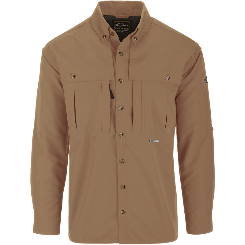 Solid Wingshooter's Shirt L/S with long sleeves, features chest pockets, button-up front, and ventilation panels for breathability, ideal for hunting and fishing activities.