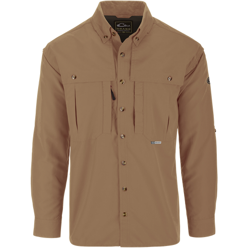Solid Wingshooter's Shirt L/S with long sleeves, features chest pockets, button-up front, and ventilation panels for breathability, ideal for hunting and fishing activities.
