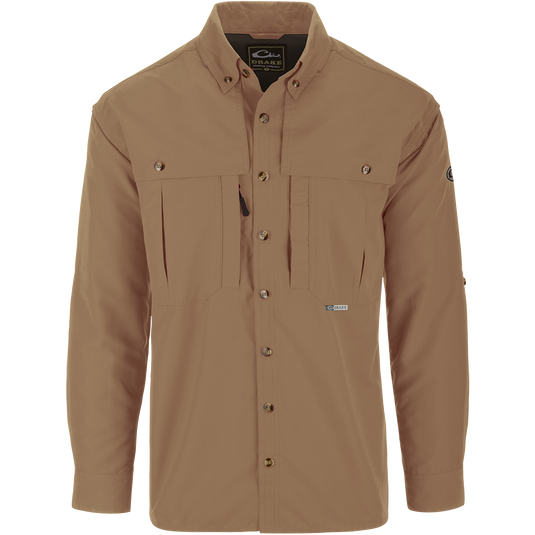 Solid Wingshooter's Shirt L/S with long sleeves, features chest pockets, button-up front, and ventilation panels for breathability, ideal for hunting and fishing activities.