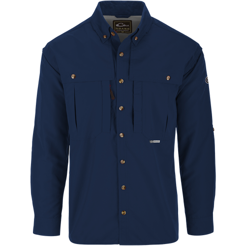 Solid Wingshooter's Shirt L/S with button closure, oversized chest pockets, zippered and Magnattach™ pockets, and sun-blocking extension collar, designed for functional outdoor use.