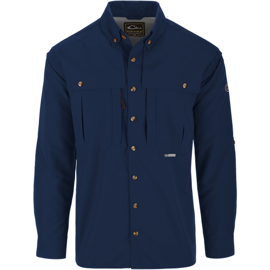 Solid Wingshooter's Shirt L/S with button closure, oversized chest pockets, zippered and Magnattach™ pockets, and sun-blocking extension collar, designed for functional outdoor use.