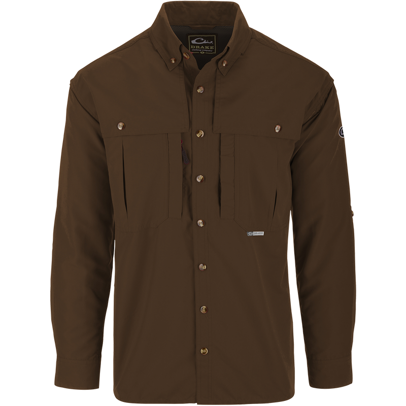 Solid Wingshooter's Shirt L/S with seven buttons, oversized chest pockets, and extension collar for sun protection, ideal for outdoor activities like hunting and fishing.