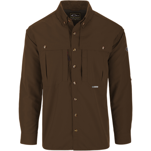 Solid Wingshooter's Shirt L/S with seven buttons, oversized chest pockets, and extension collar for sun protection, ideal for outdoor activities like hunting and fishing.