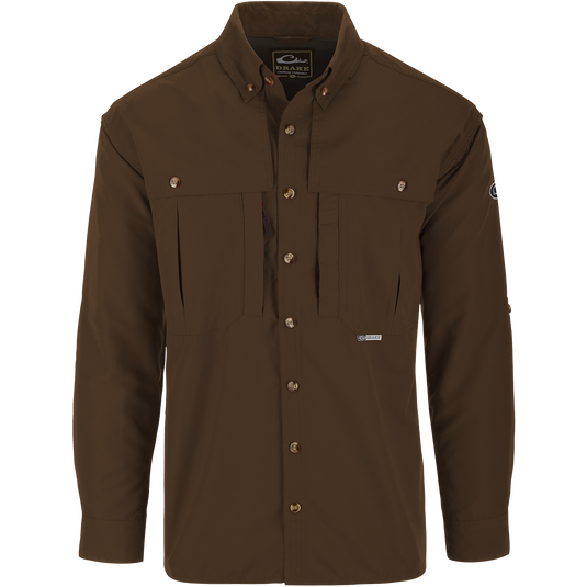 Solid Wingshooter's Shirt L/S with seven buttons, oversized chest pockets, and extension collar for sun protection, ideal for outdoor activities like hunting and fishing.
