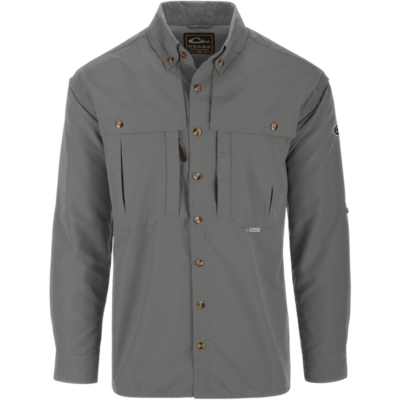 Solid Wingshooter's Shirt L/S with long sleeves, featuring a seven-button design, oversized chest pockets, and ventilation areas for breathability and quick-dry functionality.