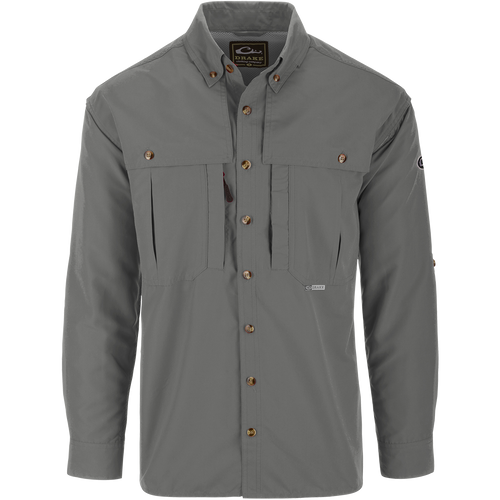 Solid Wingshooter's Shirt L/S with long sleeves, featuring a seven-button design, oversized chest pockets, and ventilation areas for breathability and quick-dry functionality.