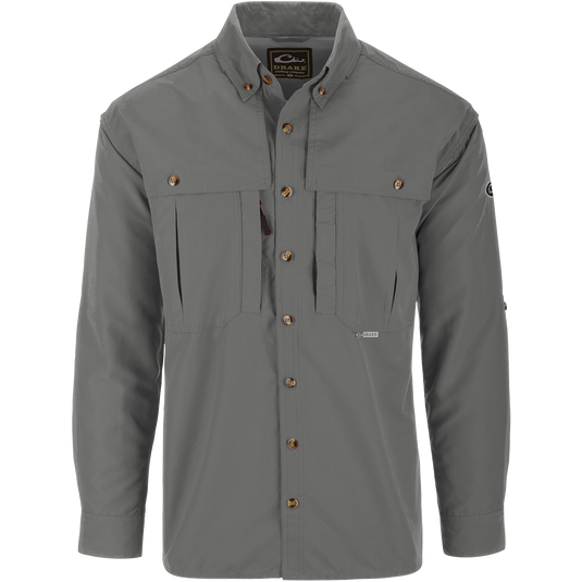 Solid Wingshooter's Shirt L/S with long sleeves, featuring a seven-button design, oversized chest pockets, and ventilation areas for breathability and quick-dry functionality.