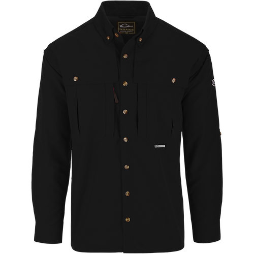 Solid Wingshooter's Shirt L/S featuring a classic seven-button design, oversized chest pockets, and ventilation details for breathability, ideal for outdoor activities.