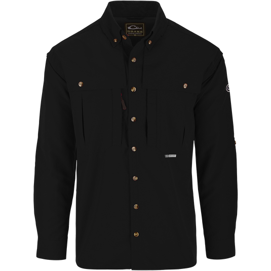 Solid Wingshooter's Shirt L/S featuring a classic seven-button design, oversized chest pockets, and ventilation details for breathability, ideal for outdoor activities.