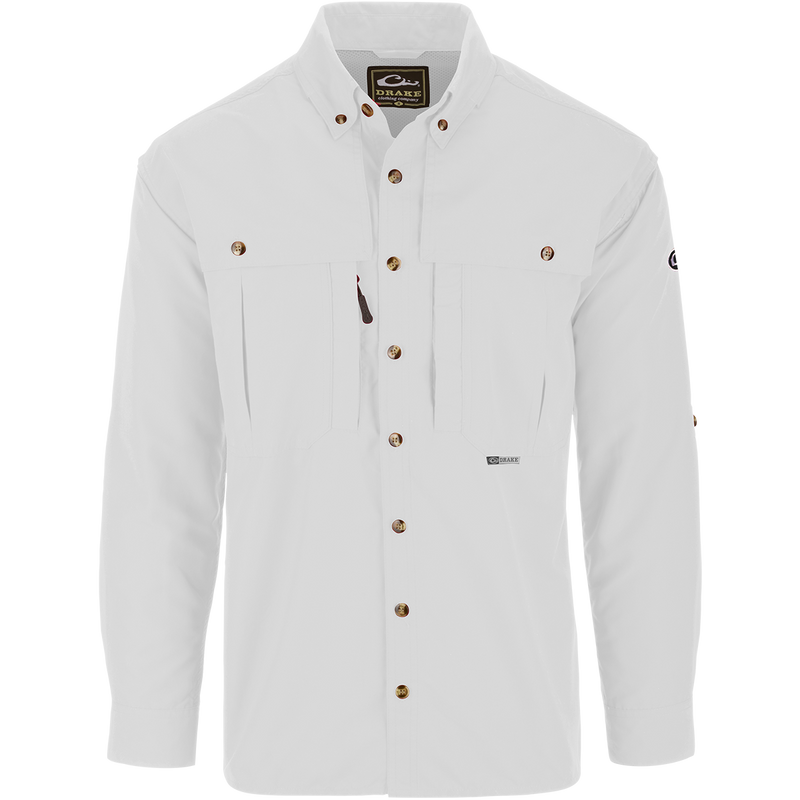 Solid Wingshooter's Shirt L/S features a seven-button design, oversized chest pockets, and sun-protective collar, ideal for hunting and fishing activities.