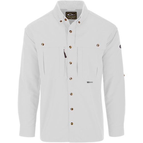 Solid Wingshooter's Shirt L/S features a seven-button design, oversized chest pockets, and sun-protective collar, ideal for hunting and fishing activities.