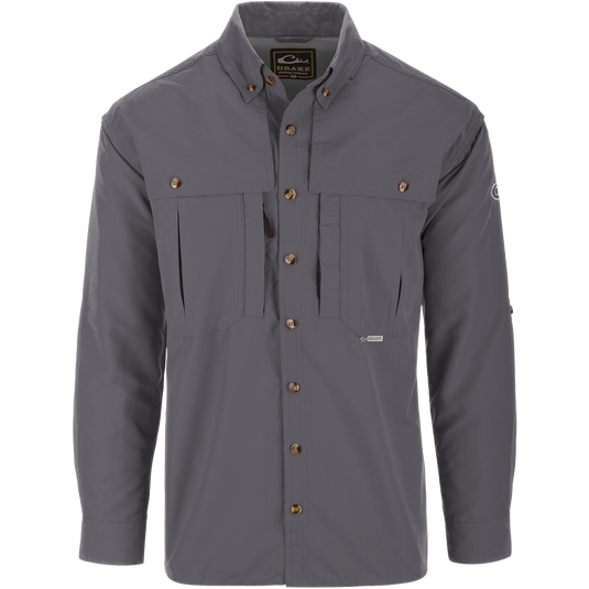 Solid Wingshooter's Shirt L/S featuring a classic seven-button design, oversized chest pockets, and a sun-blocker extension collar.