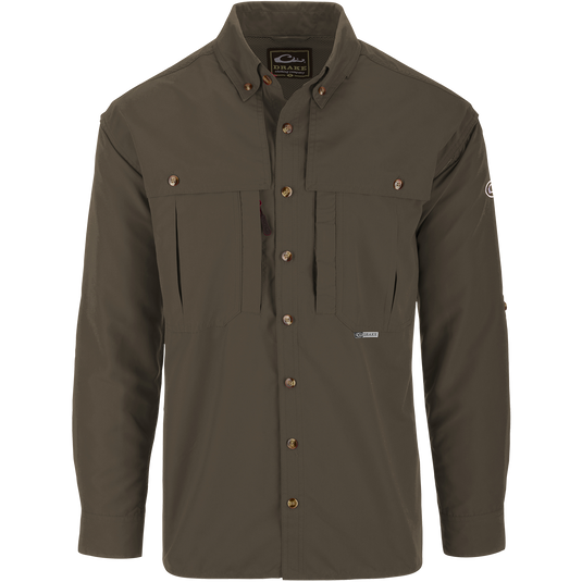 Solid Wingshooter's Shirt L/S with seven buttons, oversized chest pockets, zippered right chest pocket, and a roll-up sun blocker collar, designed for breathability and moisture management.