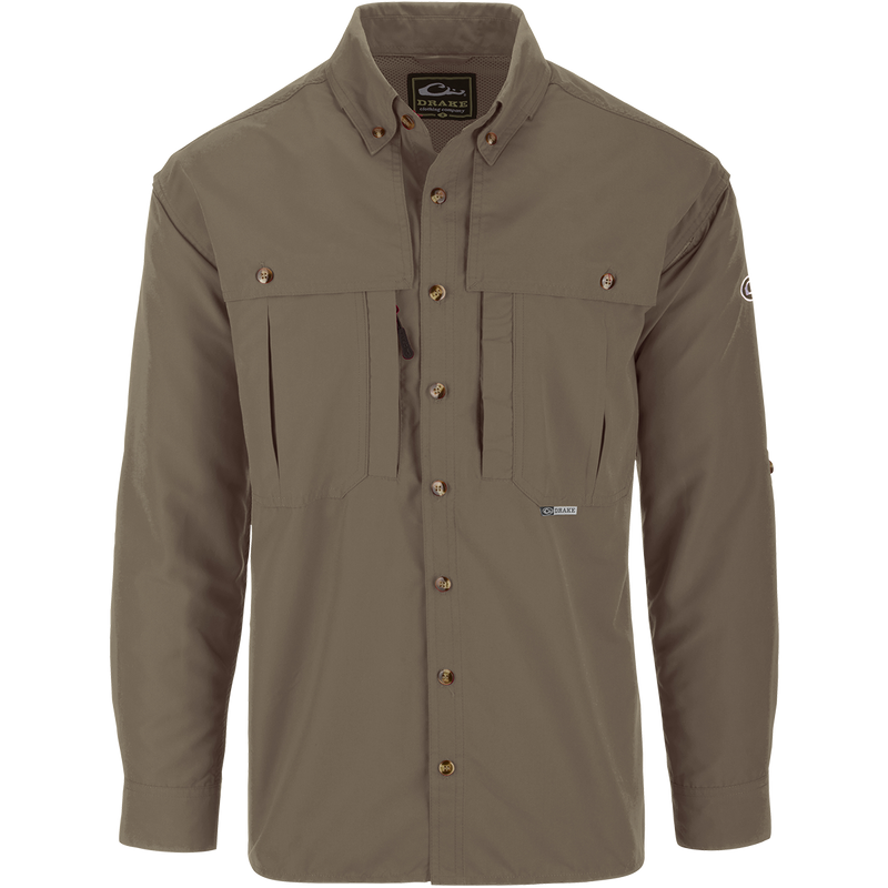 Solid Wingshooter's Shirt L/S, featuring a seven-button design with oversized chest pockets, zippered and Magnattach™ pockets, and a sun-protective extension collar.