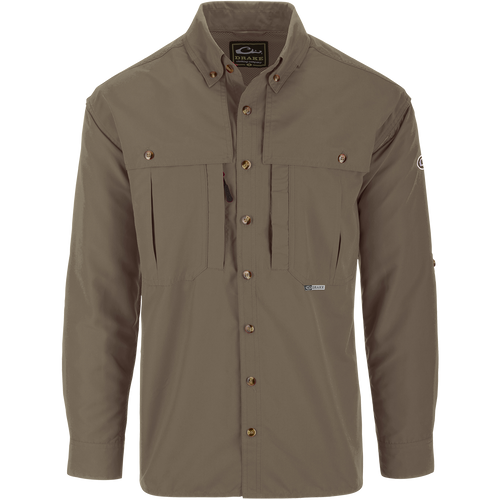 Solid Wingshooter's Shirt L/S, featuring a seven-button design with oversized chest pockets, zippered and Magnattach™ pockets, and a sun-protective extension collar.