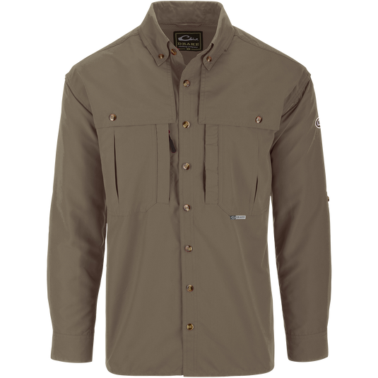 Solid Wingshooter's Shirt L/S, featuring a seven-button design with oversized chest pockets, zippered and Magnattach™ pockets, and a sun-protective extension collar.