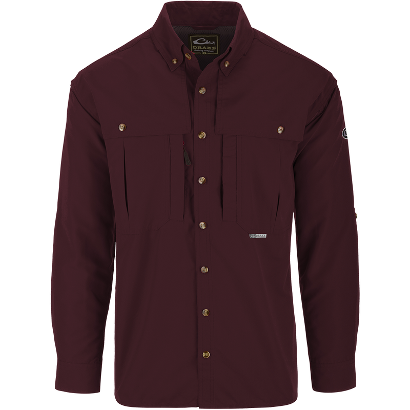 Solid Wingshooter's Shirt L/S with long sleeves, buttons, front and back ventilation, oversized chest pockets, and a sun blocker extension collar.