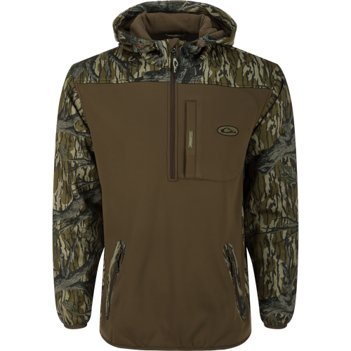MST Endurance Soft Shell Hoodie: Camouflage jacket with Magnattach™ Call Pocket, zipped lower pockets, mesh-lined sleeves, deep quarter-zip neck, fleece-lined hood with drawstring, and elastic waist hem.
