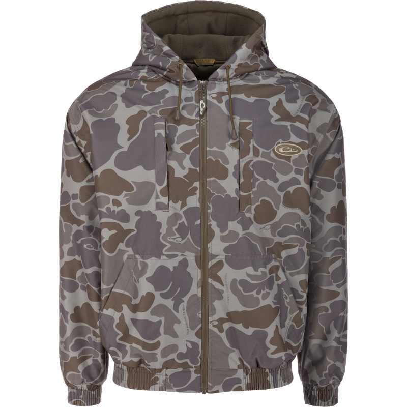 MST Waterproof Full Zip Jacket w/ Hood, featuring camouflage pattern, chest and waist pockets, elastic cuffs and hem, and drawstring hood, ideal for hunters.