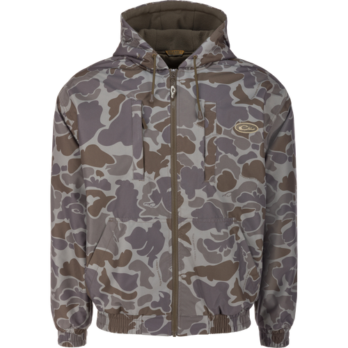 MST Waterproof Full Zip Jacket w/ Hood, featuring camouflage pattern, chest and waist pockets, elastic cuffs and hem, and drawstring hood, ideal for hunters.