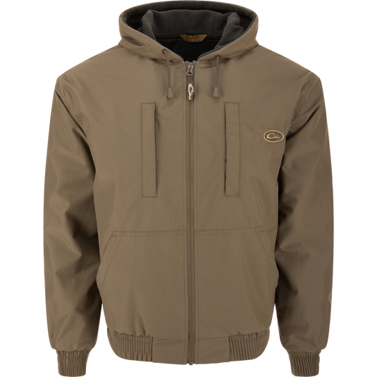 MST Waterproof Full Zip Jacket w/ Hood, featuring a drawstring hood, full-length zipper, chest and hand-warmer pockets, elastic cuffs, and hem for outdoor hunting.