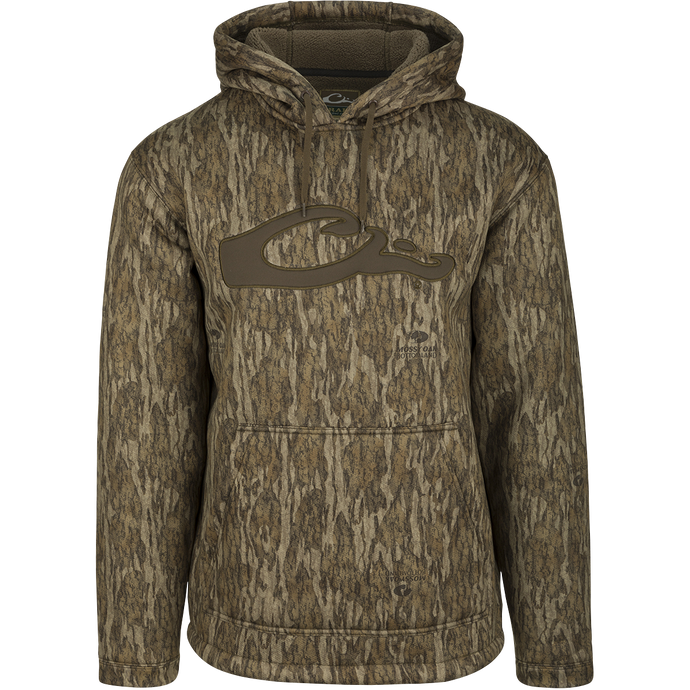 LST Silencer Fleece-Lined Hoodie: A camouflage hoodie with a double-lined hood and kangaroo pouch, perfect for cool days in duck camp.