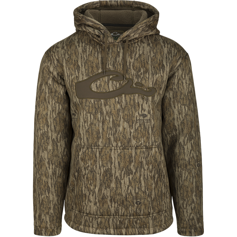 LST Silencer Fleece-Lined Hoodie: A camouflage hoodie with a double-lined hood and kangaroo pouch, perfect for cool days in duck camp.