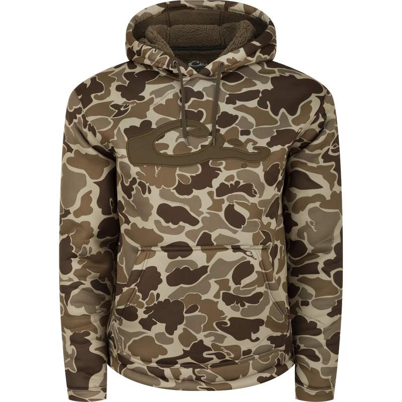 LST Silencer Fleece-Lined Hoodie: A camouflage hoodie with a double-lined hood and kangaroo pouch, perfect for cool days in duck camp.