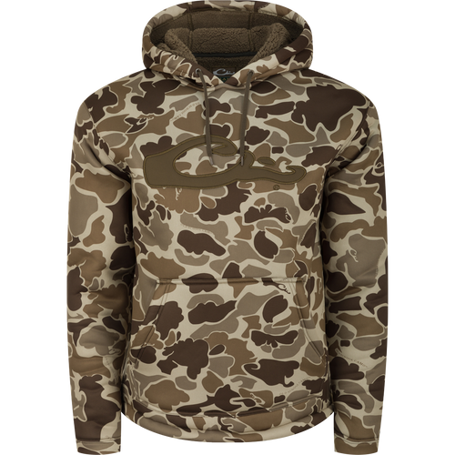 LST Silencer Fleece-Lined Hoodie: A camouflage hoodie with a double-lined hood and kangaroo pouch, perfect for cool days in duck camp.