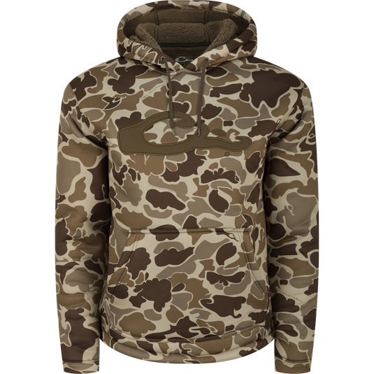 LST Silencer Fleece-Lined Hoodie: A camouflage hoodie with a double-lined hood and kangaroo pouch, perfect for cool days in duck camp.