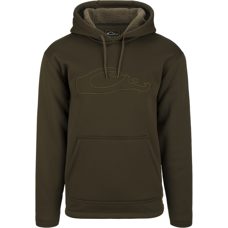 A high-performance LST Silencer Fleece-Lined Hoodie with double-lined hood and kangaroo pouch, perfect for cool days and evenings in duck camp.